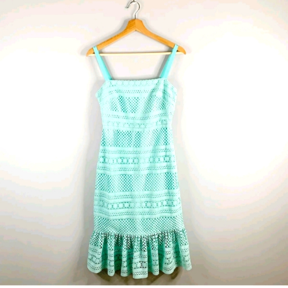 J. Crew Women's Geometric Lace Midi Dress Blue Crochet NWT Tank Ruffle XS 00